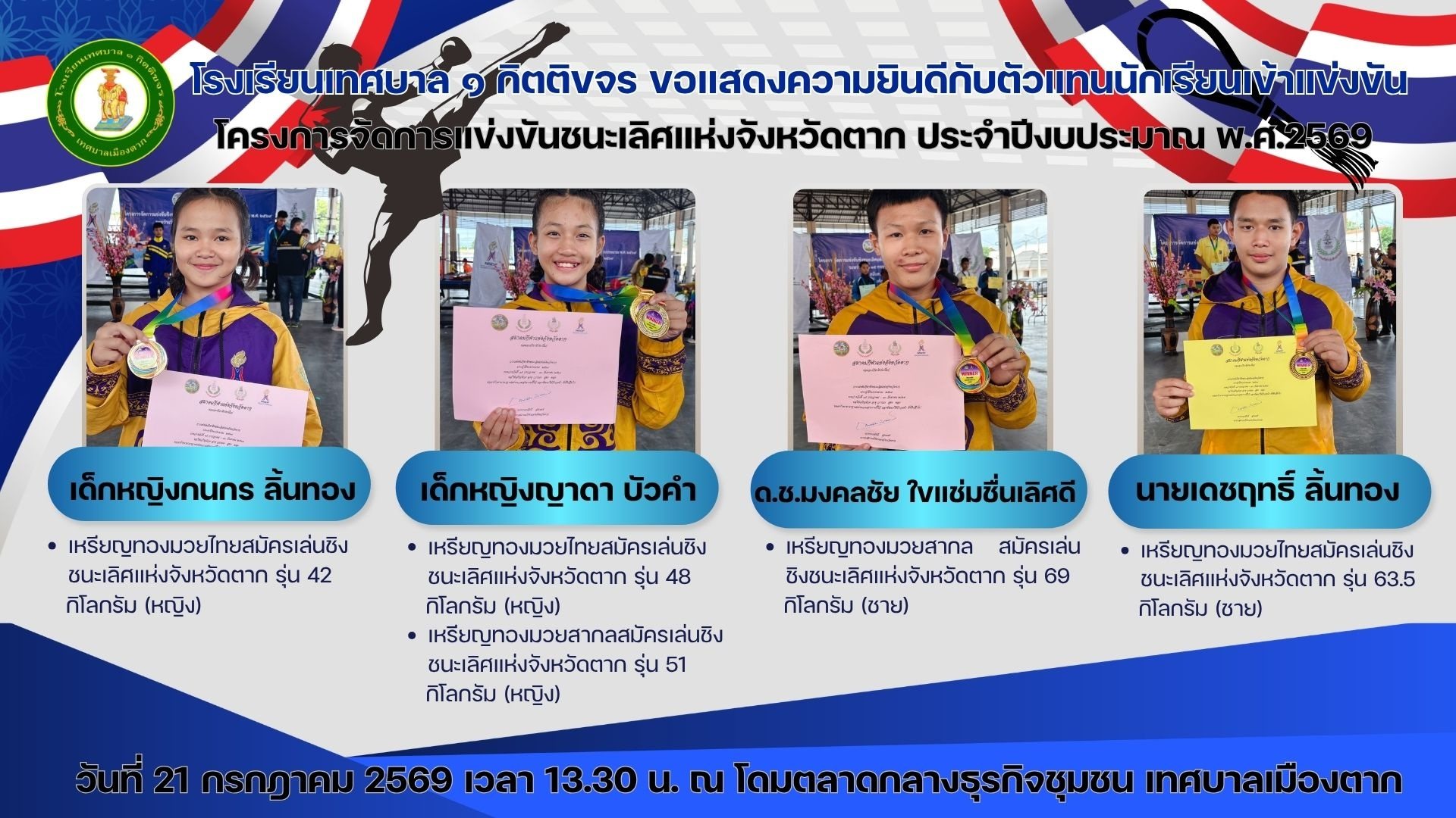โรงเรียนเทศบาล ๑ กิตติขจร ขอแสดงความยินดีกับนักเรียนตัวแทนโรงเรียน ที่เข้าร่วมการแข่งขันและสร้างชื่อเสียงใน "โครงการจัดการแข่งขันชิงชนะเลิศแห่งจังหวัดตาก ประจำปีงบประมาณ พ.ศ. 2569